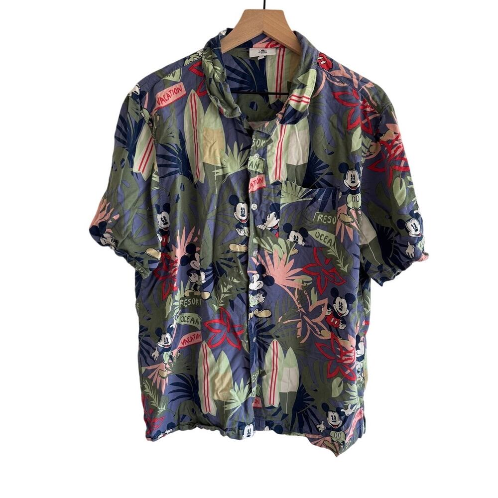 Disney Vacation Cruise Mens Size L Button Down Blue Hawaiian Short Sleeve Shirt